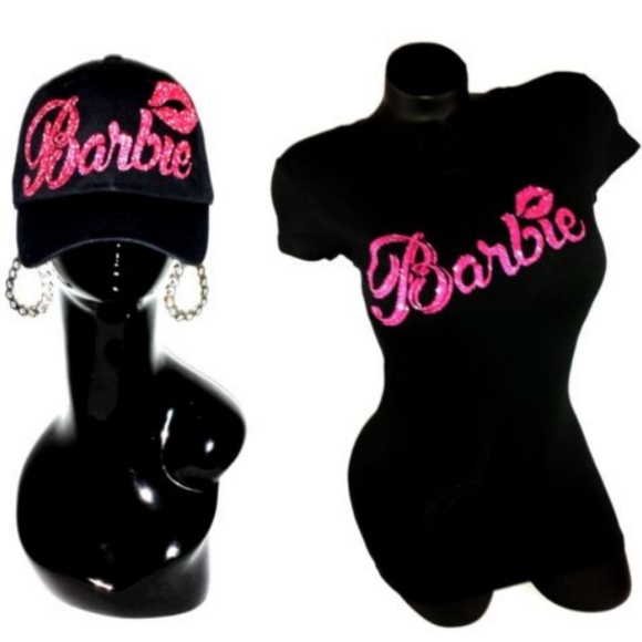 Fashion Junky Tops - Barbie with SexyLips Fitted Spandex Black Tee with Adj.Baseball Cap.*COMBO DEAL*